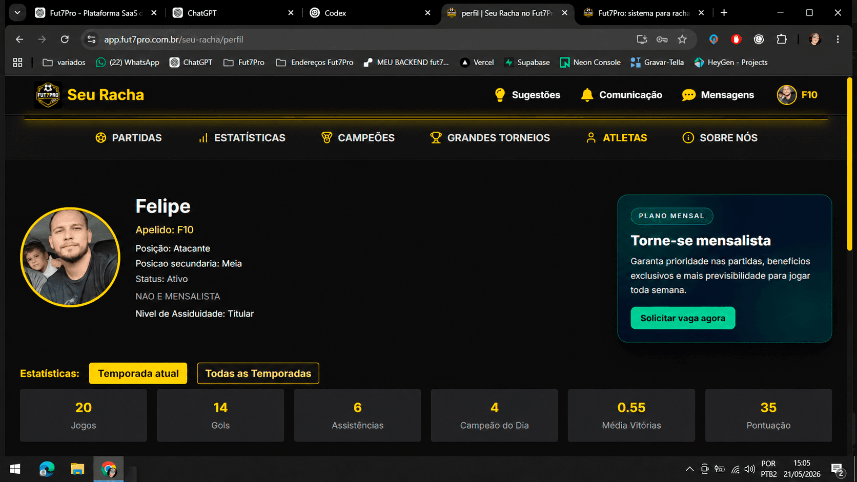 Perfil do atleta no Fut7Pro com estatísticas, títulos e histórico