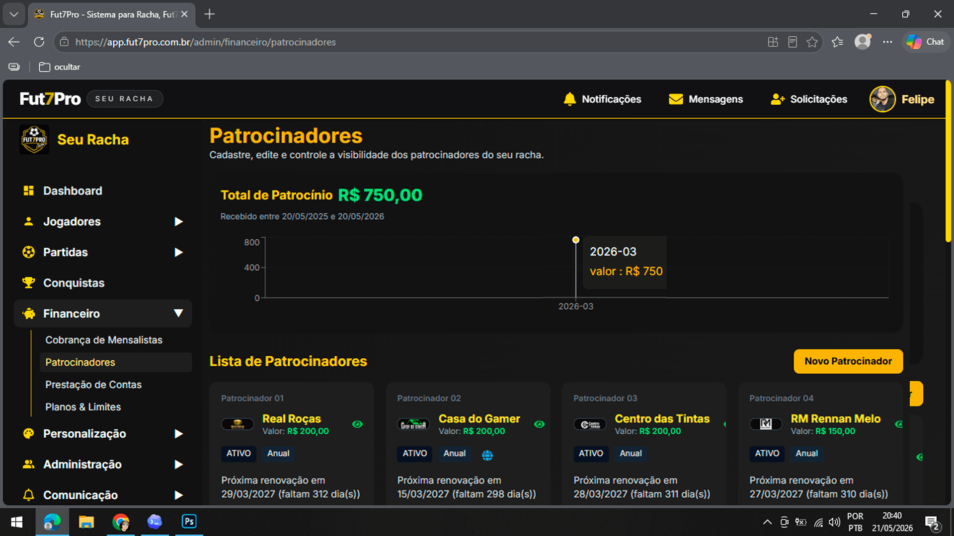 Painel de patrocinadores Fut7Pro para organizar parceiros e apoio ao racha