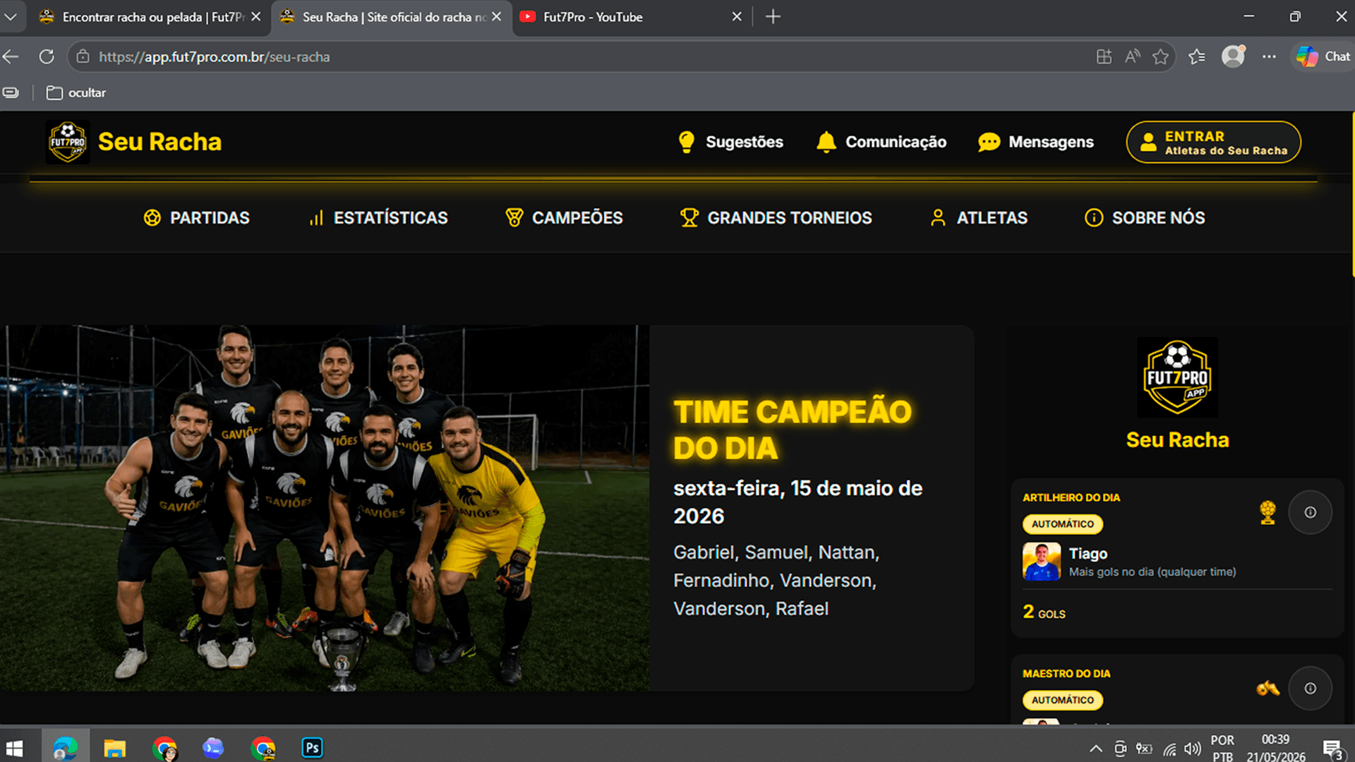 Site público do racha Fut7Pro exibido no celular e no notebook