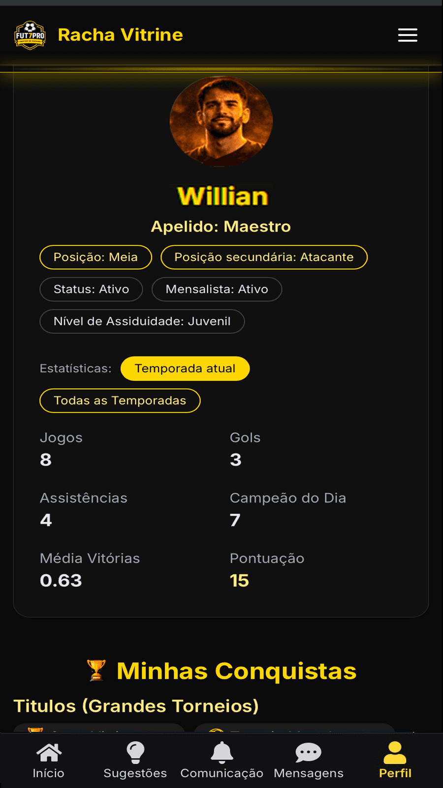 Perfil do atleta no mobile com estatísticas e histórico no Fut7Pro