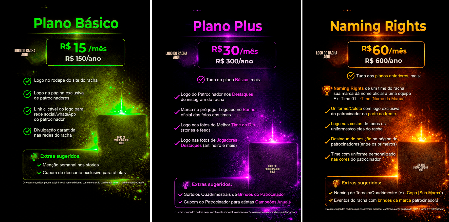 Prévia dos materiais editáveis de patrocínio com os planos Básico, Plus e Naming Rights