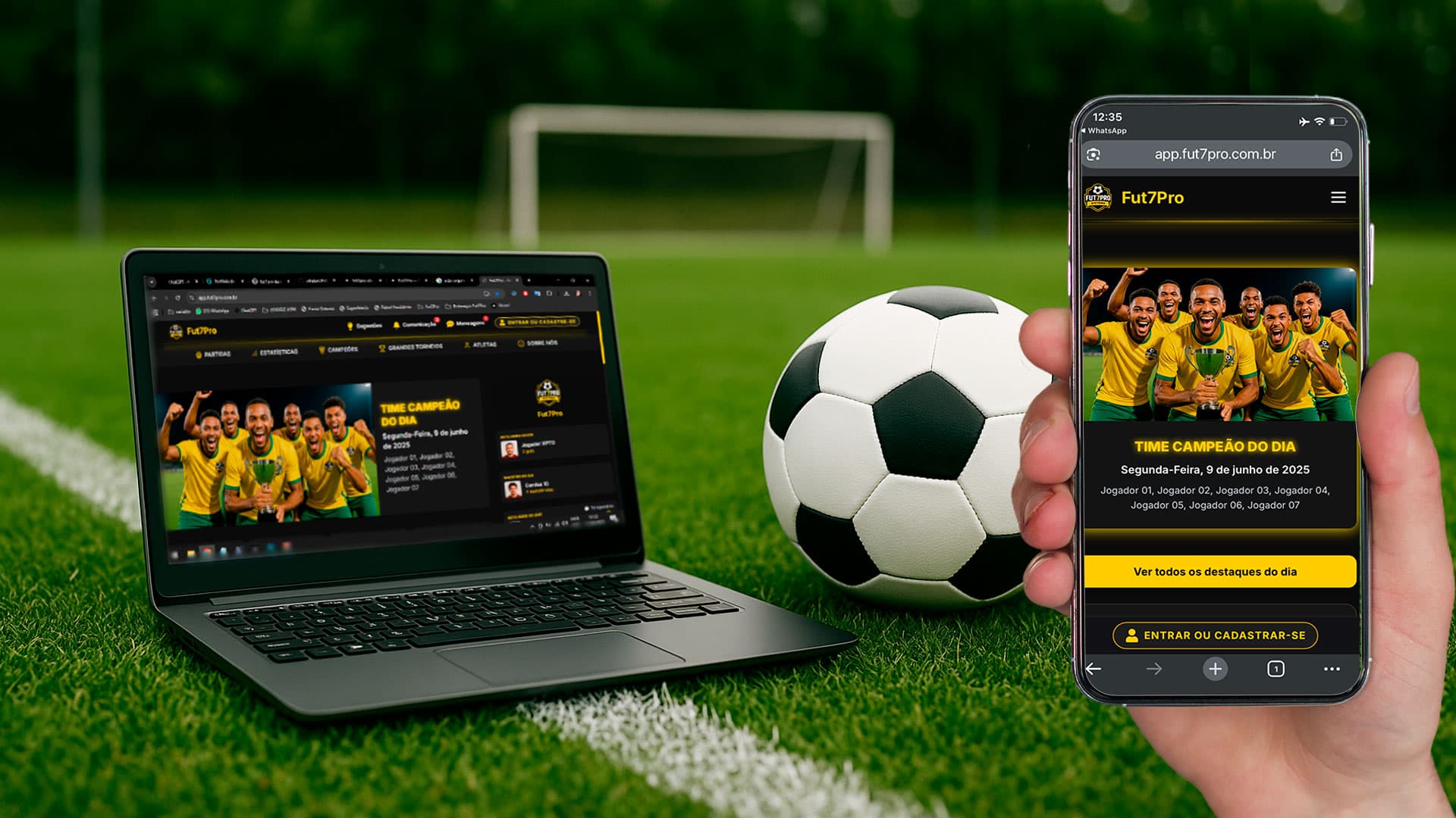 Visual do Fut7Pro no desktop e no celular, exemplo do sistema de rachas (Fut7)