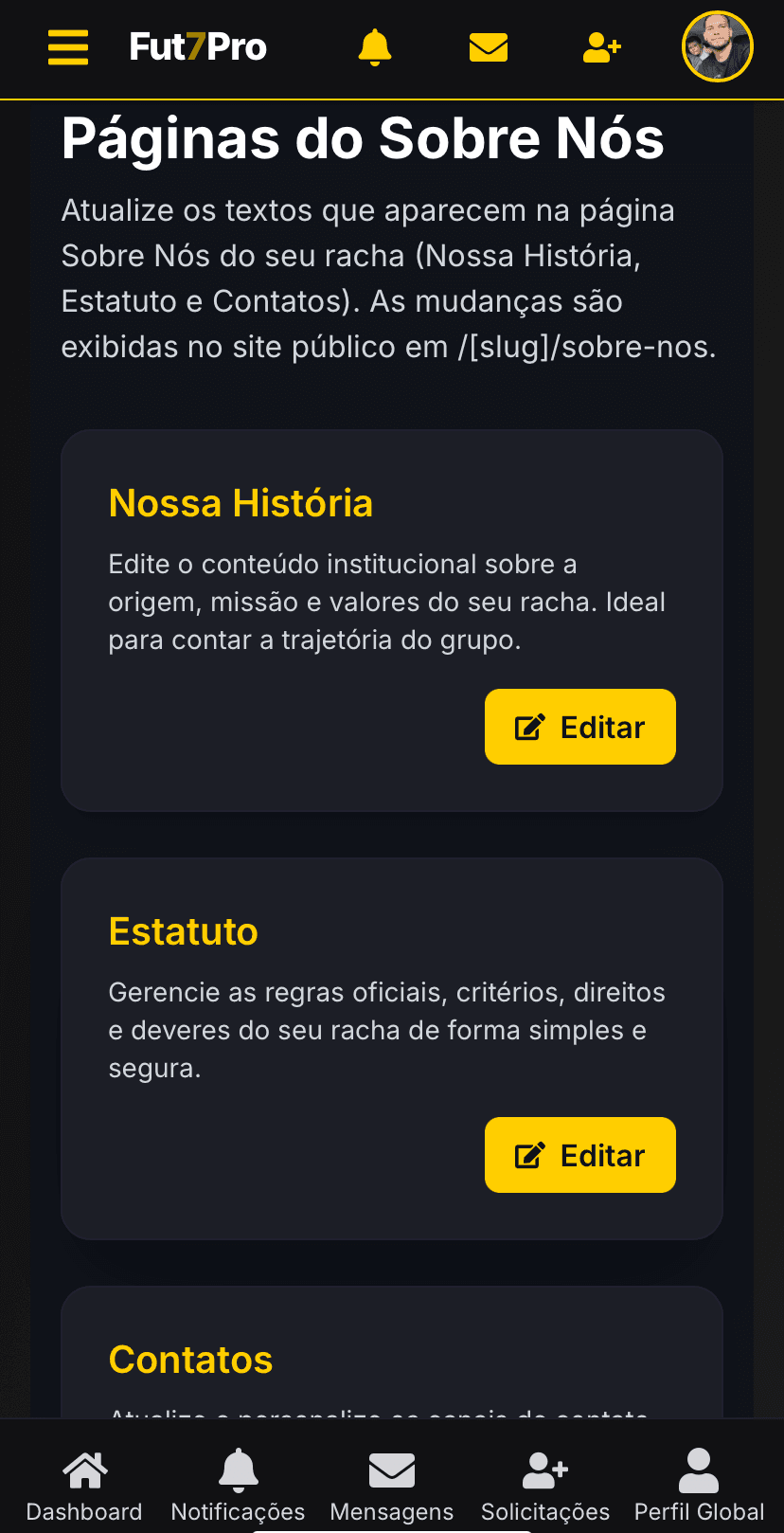 Painel mobile do Fut7Pro mostrando edição da página Sobre Nós do racha