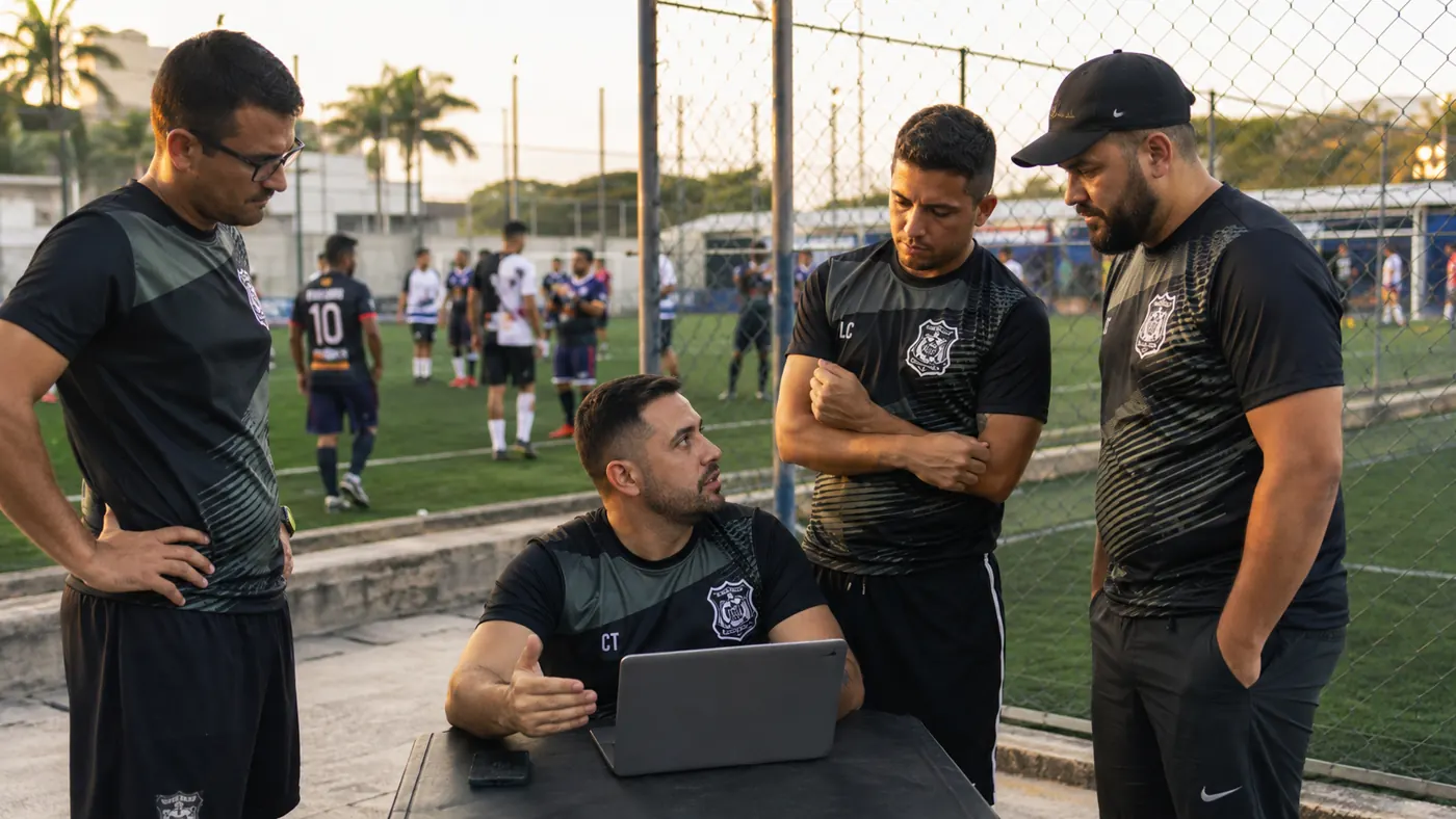 Presidente de um racha sentado com notebook na beira do campo orientando outros três administradores antes da partida.