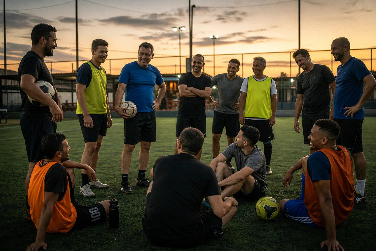 Jogadores de uma pelada entre amigos reunidos após partida em campo society, representando a tradição e a continuidade de um racha ao longo dos anos.