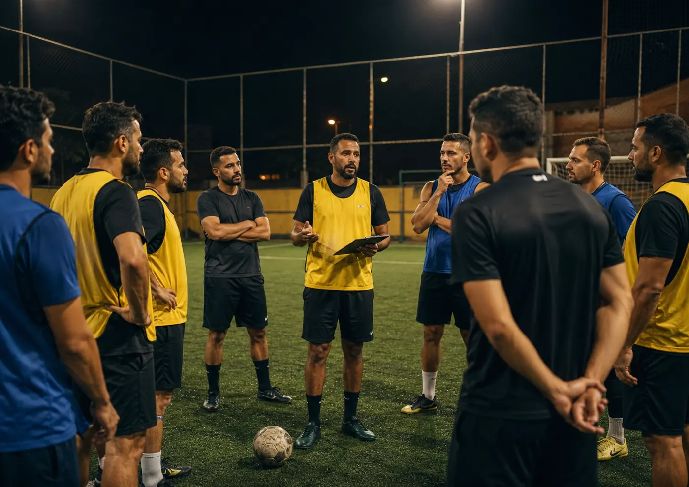 Jogadores de futebol amador reunidos em campo society para combinar regras do racha antes da partida.